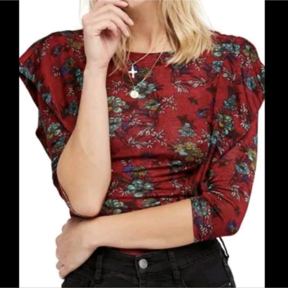 FREE PEOPLE RED DOCK STREET FLORAL RUFFLE SLEEVE BLOUSE SIZE MED - Picture 1 of 9